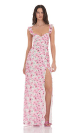 Lace Floral Ruffle Sleeve Maxi Dress in White