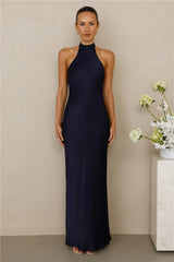 The Cleo Halter Satin Maxi Dress Navy