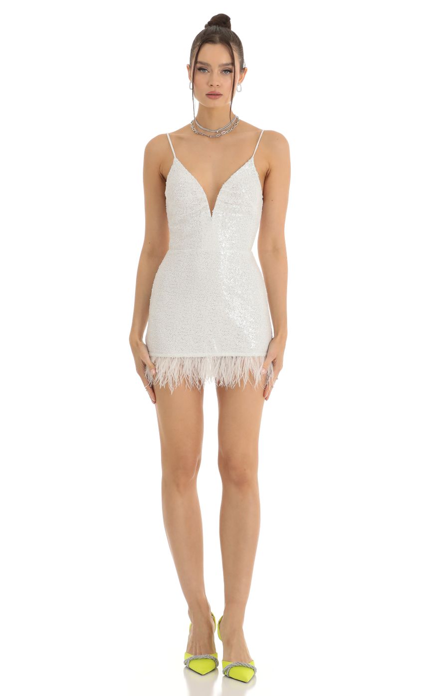 Sequin Feather Fringe Bodycon Dress in White